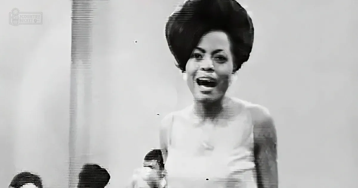 A woman in a white dress with a large, voluminous hairstyle is singing on stage.